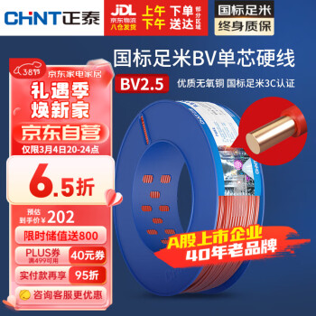 CHNT 正泰 電線電纜銅芯家用電線國(guó)標(biāo)電源線BV2.5/4/6平方單股銅線電線100米