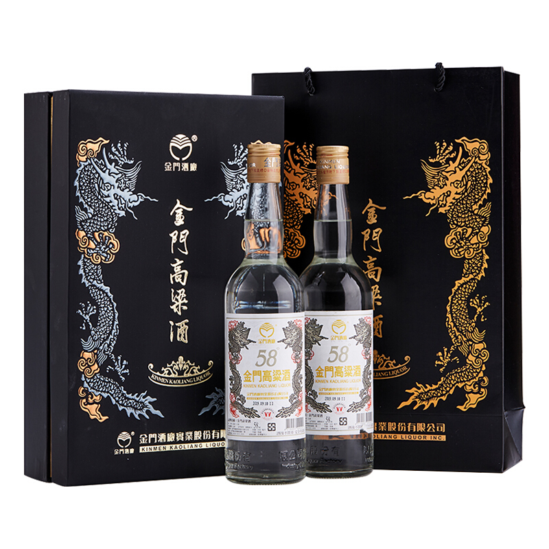 KINMEN KAOLIANG 金门高粱酒 金门高粱 双龙系列白金龙清香型58度白酒600ml*2瓶双支礼盒装 龙年宴请送礼 366元