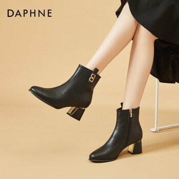 DAPHNE 达芙妮 高跟鞋女法式粗跟短靴增高显瘦皮靴女4622607023 黑色 40