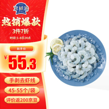 京鲜港 精选冷冻黑虎虾仁500g （特大号） 45-55个/袋  手剥去虾线