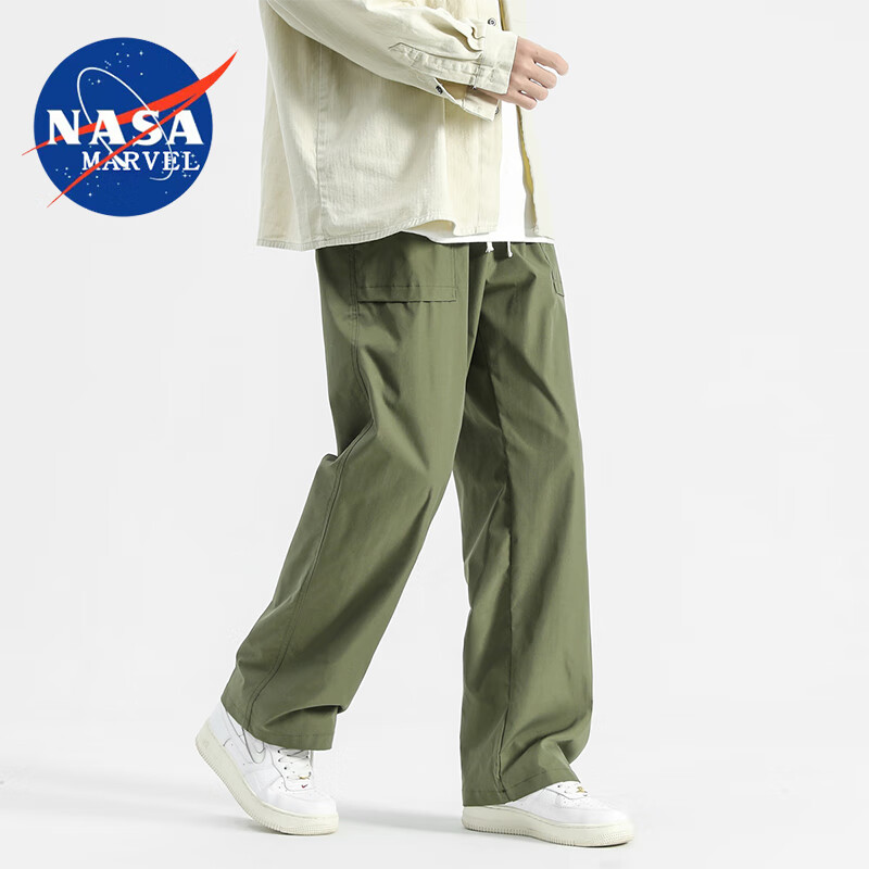 NASA MARVEL 男士休闲裤早春宽松直筒裤港风长裤口袋工装裤 军绿色 M 券后49元