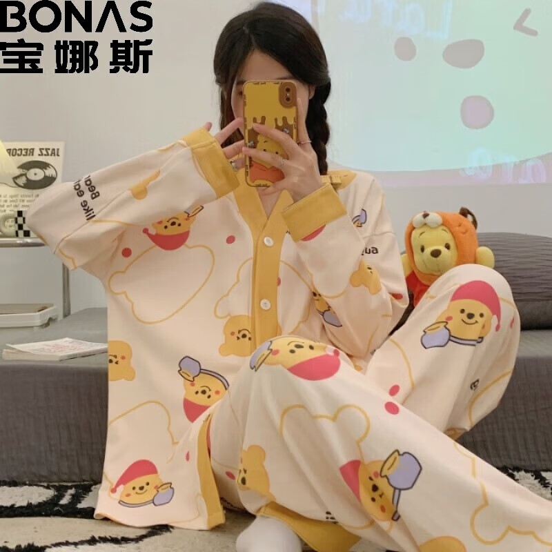 BONAS 宝娜斯 JC配饰宽松春秋季春秋季长袖家居服甜美少女公主 8641圣诞维尼熊 XL 券后39.9元