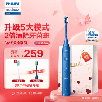 PHILIPS 飞利浦 电动牙刷成人情侣款 送女友/男友软毛柔和亮白刷头5效宝藏刷深藏BLUE HX2471/01