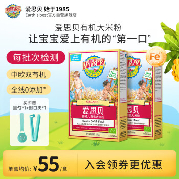 EARTH'S BEST 高铁有机原味米粉宝宝 地球钙铁锌婴幼儿辅食大米粉175g*2 6个月