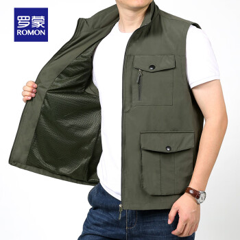 ROMON 羅蒙 馬甲男春夏速干外套戶外大碼多口袋釣魚服無袖背心 軍綠 3XL