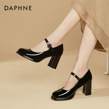 DAPHNE 达芙妮 法式粗跟玛丽珍女鞋方头气质高跟一字扣单鞋4623101161 黑色 38