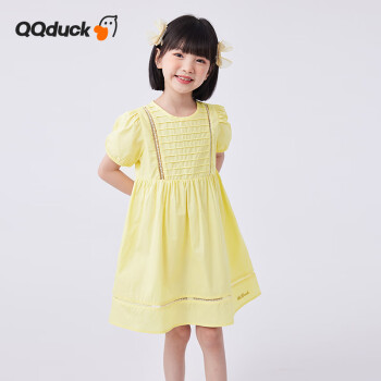 QQ duck 可可鸭 童装女童连衣裙儿童裙子夏季镂空公主裙镂空小洋裙淡黄；140