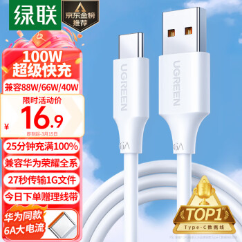 UGREEN 绿联 US303 Type-C 66W 数据线 PVC 1m 白色