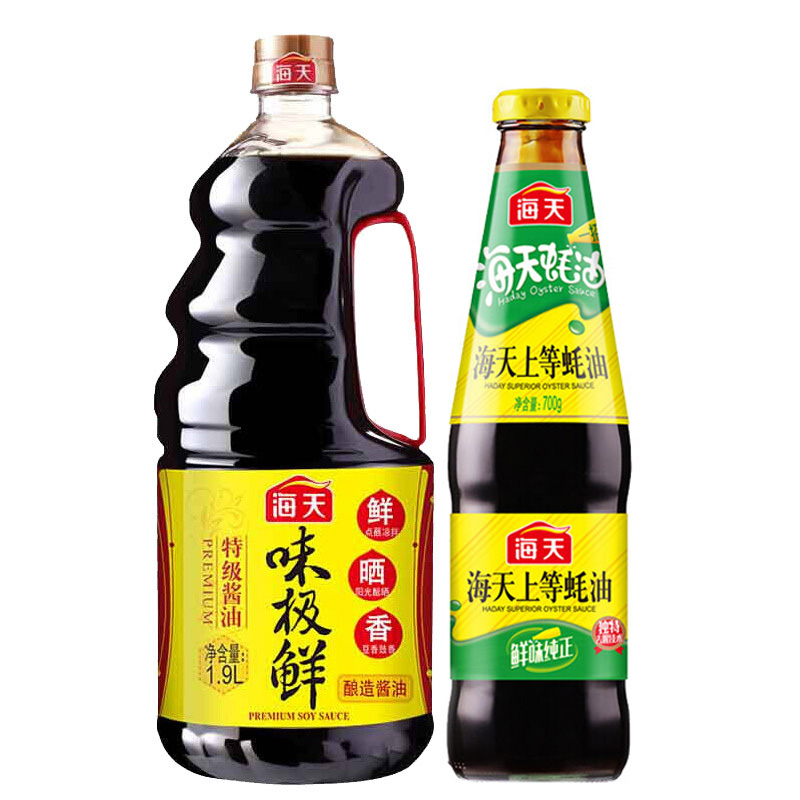 海天 酱油蚝油组合装 1.9L+700g（味极鲜 特级酱油1.9L+上等蚝油700g） 券后23.9元