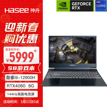 Hasee 神舟 战神S8 12代酷睿i9 15.6英寸游戏本 笔记本电脑(酷睿i9-12900H 16G 512G RTX4060 IPS)