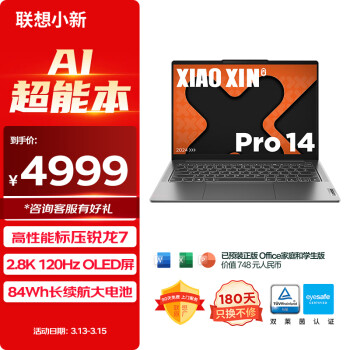 Lenovo 联想 小新Pro14 2024款 八代锐龙版 14英寸 轻薄本 灰色（锐龙R7-8845H、核芯显卡、16GB、