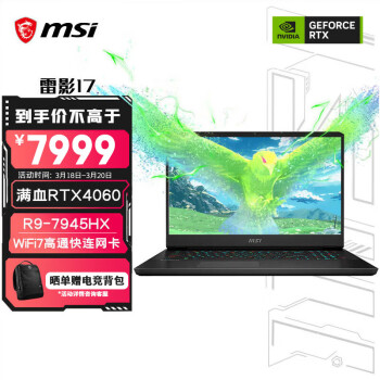 MSI 微星 雷影17 七代锐龙版 17.3英寸 游戏本 黑色（锐龙R9-7945HX、RTX 4060 、16GB、1TB）