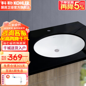 KOHLER 科勒 洗手盆台盆椭圆形台下盆嵌入式面盆卡斯登陶瓷洗脸盆卫生间 K-2210T-0（17寸台下盆）