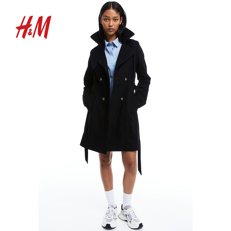 H&M 女装风衣棉质防风双排扣宽平驳领系带外套1152158 黑色 170/116A 券后179元
