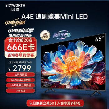 SKYWORTH 创维 电视65A4E 65英寸电视机高亮高色域400nits3+64G智慧屏彩电液晶4K超薄护眼游戏电视