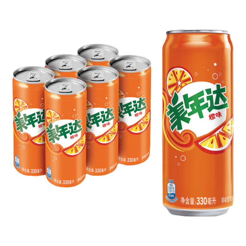 首购、Plus：百事可乐 美年达 Mirinda 橙味汽水 碳酸饮料 330ml*6听 细长罐  8.36元（plus包邮）