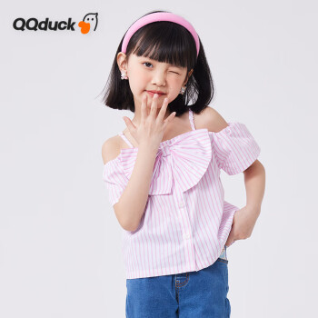 QQ duck 可可鸭 童装儿童衬衫女童衬衣夏季短袖竖条纹上衣蝴蝶结粉色；150
