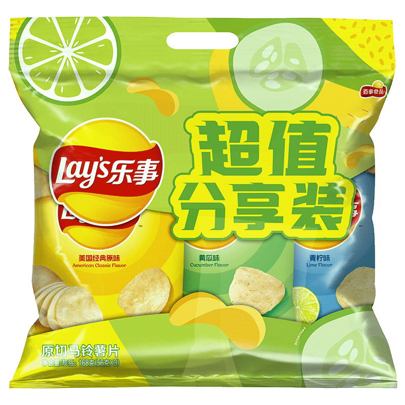 PLUS会员：Lays 乐事 原切马铃薯片分享装 3口味 168g（原味+黄瓜味+青柠味） 10.5元包邮