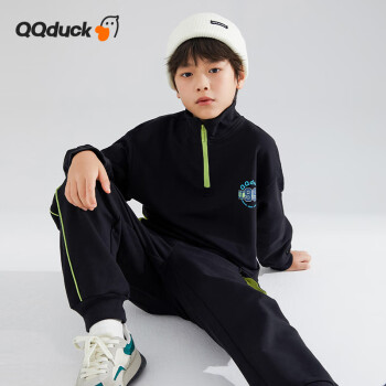 QQ duck 可可鸭 童装儿童套装男童卫衣卫裤学生运动套训练服辑筋套装黑色；150