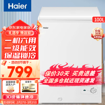 Haier 海尔 100升冰柜小型单温冷柜家用商用 一级能效冷藏冷冻柜强劲冻力速冷锁鲜卧式冰箱BC/BD-100GHZ