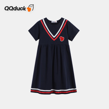 QQ duck 可可鸭 童装儿童裙子女童连衣裙夏短袖海军风青少年衣服小鸭藏蓝；120