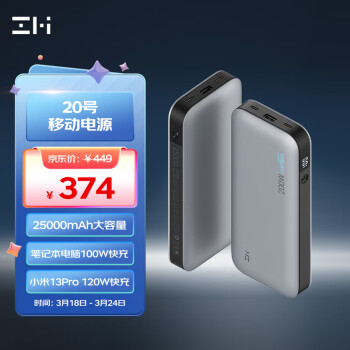 ZMI QB826 移动电源 灰色 25000mAh Type-C 200W 双向快充