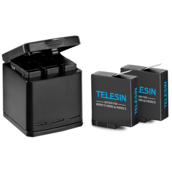 TELESIN 相机电池 4.4V 1200mAh 2粒装 相机电池充电盒 黑色 3槽 收纳式充电盒套装
