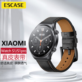 ESCASE 小米Watch S1/S1Pro/S2手表表带真皮替换腕带经典小牛皮适用Xiaomi S1/S1Pro/S2智能手表46mm黑色