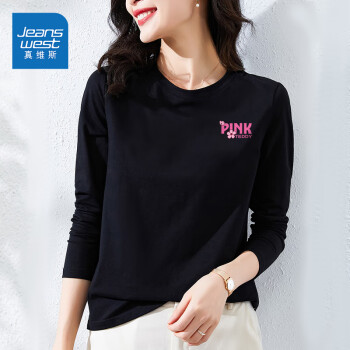 JEANSWEST 真維斯 長袖T恤女春季女黑色L L（106-120斤） PINK-黑色長T