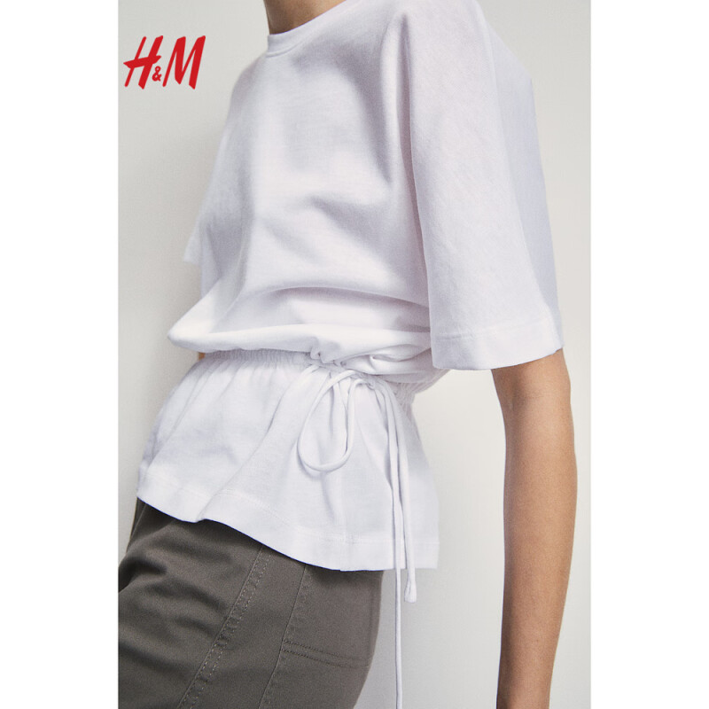 H&M 女装T恤2024春季系带设计棉质汗布上衣1225514 白色 165/96A M 109元