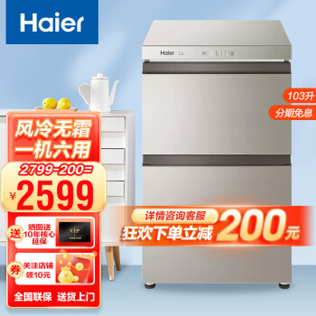 Haier 海尔 冷柜家用小型精致抽屉式风冷无霜茶叶保鲜柜母乳化妆品冰箱网红冰柜冷藏冷冻柜钢化玻璃