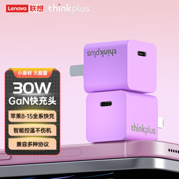 thinkplus 联想 苹果充电器30W氮化镓iPhone15快充头PD20W30W氮化镓】苹果8-15快充头-紫