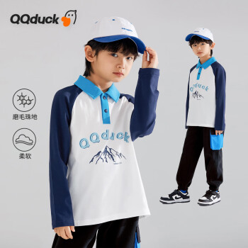 QQ duck 可可鸭 童装儿童T恤长袖男童翻领上衣大童POLO衫立体白色；160