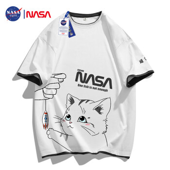 NASA GISS 短袖t恤男夏季假两件上衣卡通印花男士宽松圆领半袖 白色 XL