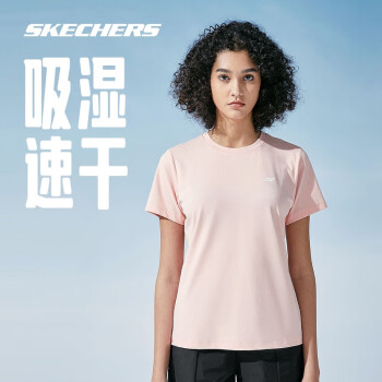 SKECHERS 斯凯奇 Skecher速干T恤男女针织短袖衫黑色圆领宽松运动上衣01KG女款XXL