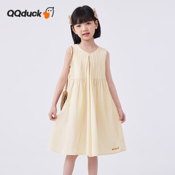 QQ duck 可可鸭 童装女童连衣裙儿童裙子大童夏季休闲背心裙精致素色米白；150