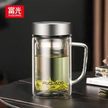 富光 格致双层玻璃杯 透明带盖茶杯办公杯带把 本色 520ML