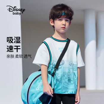 Disney 迪士尼 童装儿童男童速干短袖T恤网眼假两件运动上衣23夏DB321BE16白130