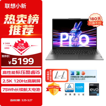 Lenovo 联想 小新 Pro 16 2023款  灰色（酷睿i5-13500H、核芯显卡、16GB、1TB SSD、2.5K、IPS、120Hz）