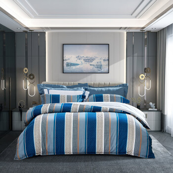 FUANNA 富安娜 家纺 四件套印花床上用品床单被套 时光回廊/蓝/礼盒 1.5米床（203*229cm）