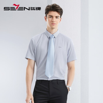 SEVEN 柒牌 条纹短袖衬衫男2024夏季时尚休闲男士翻领衬衣