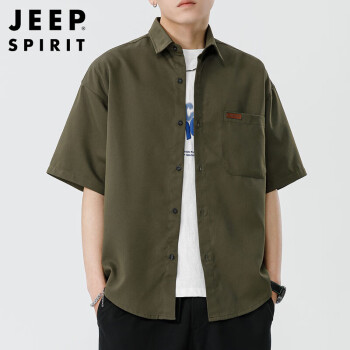 Jeep 吉普 短袖衬衫男2023夏季韩版衬衣男士工装休闲上衣宽松男装 军绿 XL