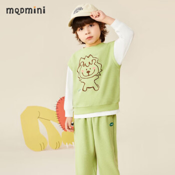 MQDMINI 马骑顿童装男童套装儿童马甲T恤裤子三件套运动套 狮子果绿 110