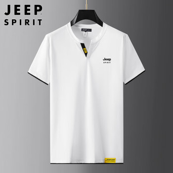 Jeep 吉普 短袖T恤男2023夏季休闲短袖男士V领上衣打底衫男装 白色 XL