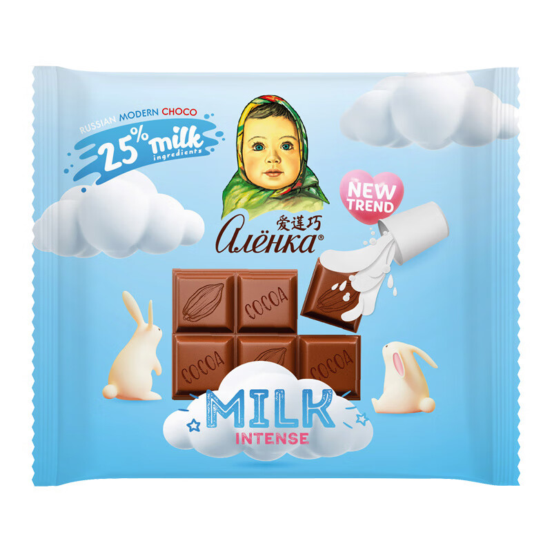 Alenka chocolate 爱莲巧爱莲巧特浓牛奶巧克力70g俄罗斯进口大头娃娃巧克力 10.96元
