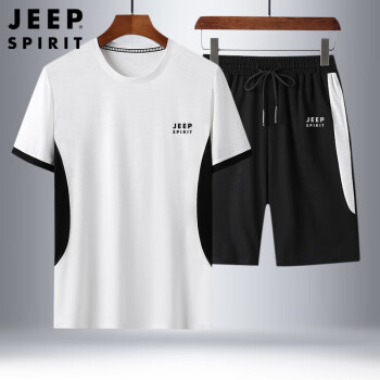 Jeep 吉普 运动套装男夏季短袖短裤休闲跑步两件套 HX0004白色3XL