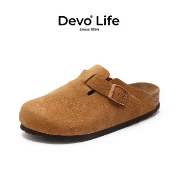 Devo 的沃 Life的沃软木拖鞋包头半拖情侣款休闲法式拖鞋 3624 黄棕色反绒皮 35
