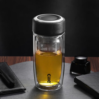cille 希乐 玻璃茶杯 双层玻璃水杯 400ML 黑色DS-517-H