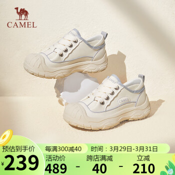 CAMEL 骆驼 户外鞋女撞色拼接平跟系带休闲鞋 L24S283056 米色 35