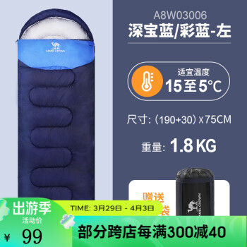 CAMEL 骆驼 户外睡袋旅行露营用品成人睡袋信封保暖睡袋 A8W03006，1.8kg深宝蓝/彩蓝左 均码